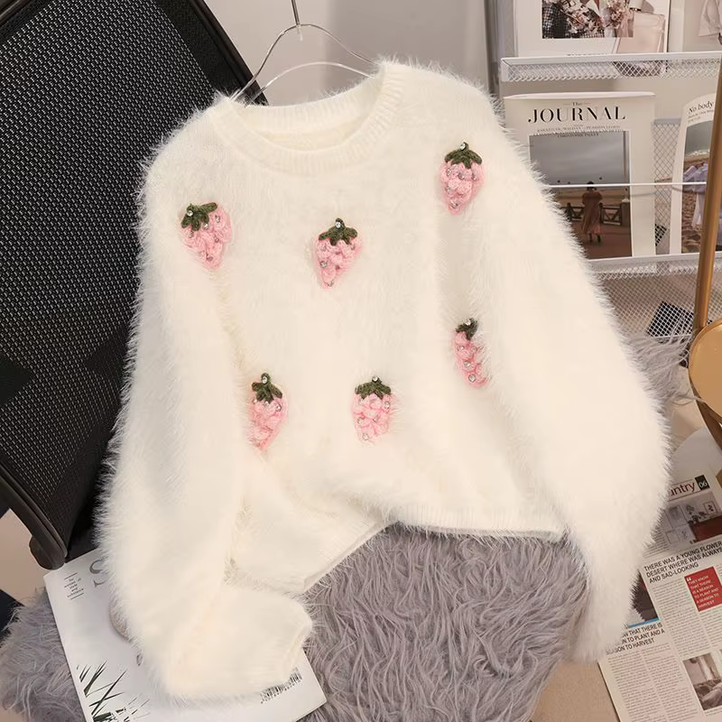 Doux Pull 3d fraise pulls pour femmes Sueter Mujer col rond décontracté mode tricoté Pull Femme auto