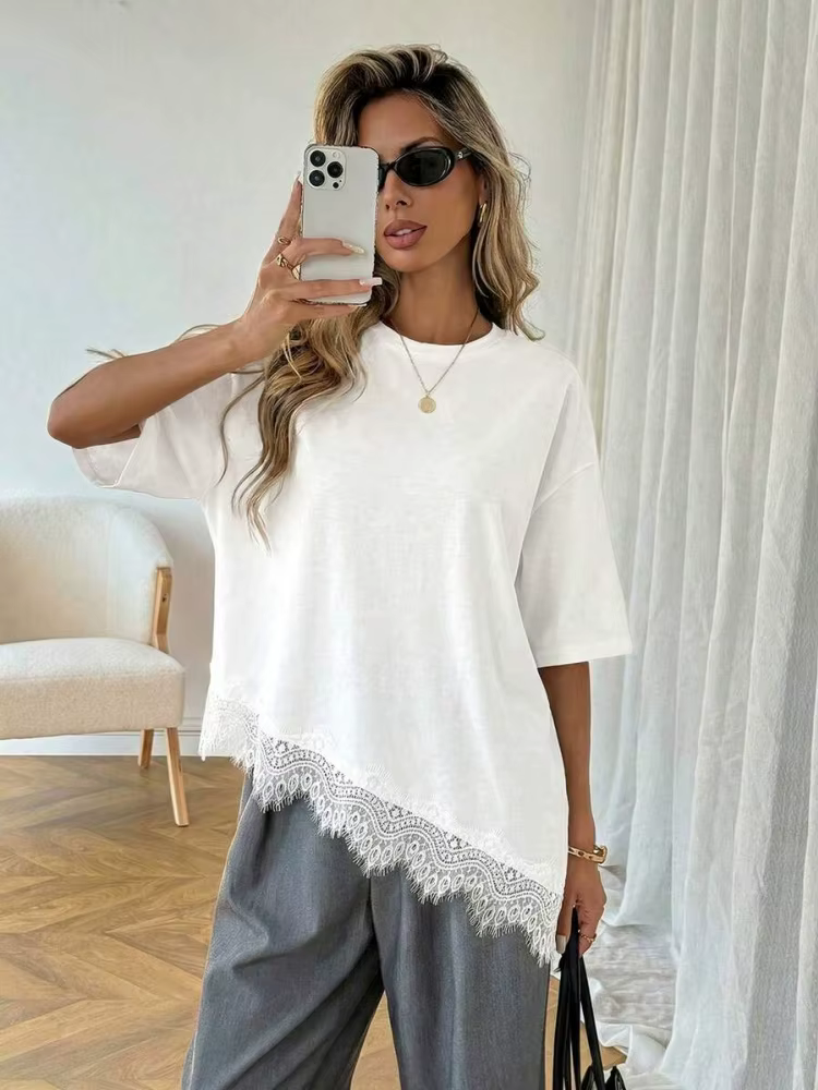 T-shirt pour femme à col rond en dentelle, couleur unie, manches courtes, ourlet asymétrique, été, l
