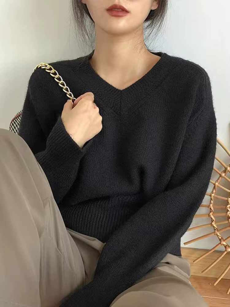 Pull vintage à col en V pour femme, pull monochrome, tricots doux et chauds, jersey, automne et hive
