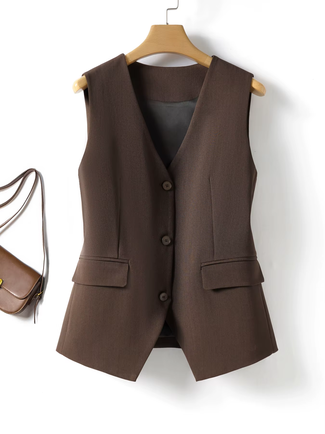 Gilet ajusté marron à simple boutonnage pour femmes au printemps et en automne, gilet de costume, ha