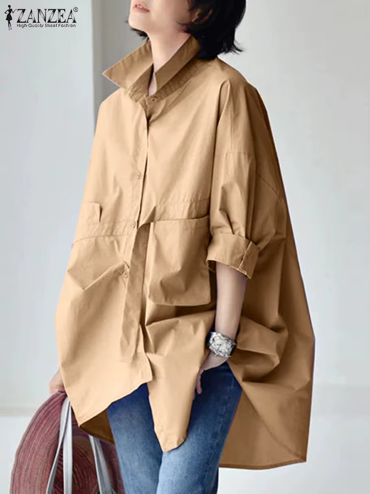 ZANZEA-Chemisier à Manches sulfet Col à Revers pour Femme, Élégant et Décontracté, Couleur Unie, Mod