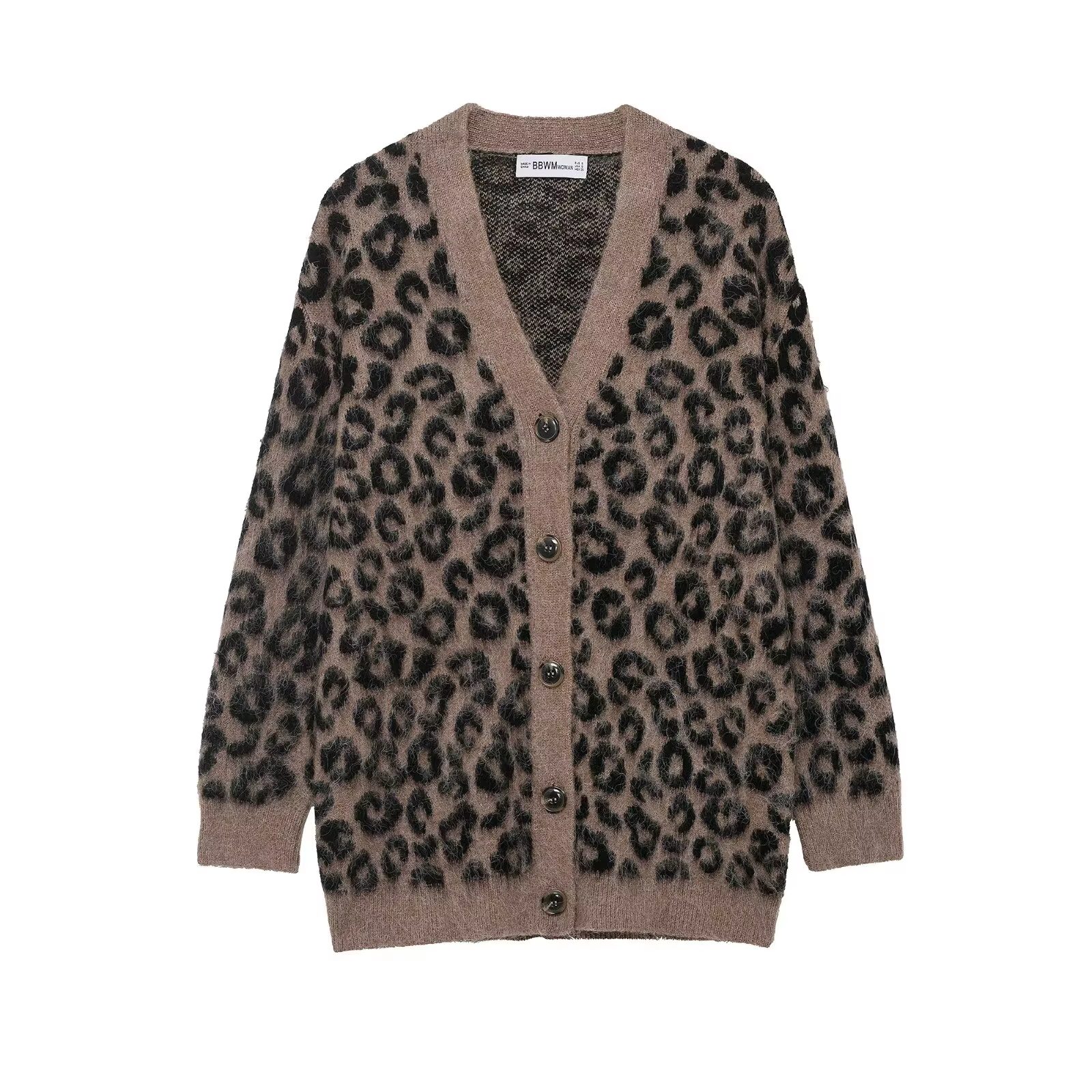HH Cardigan tricoté élégant pour femme, imprimé léopard, col en V, chic, ample, à simple boutonnage,