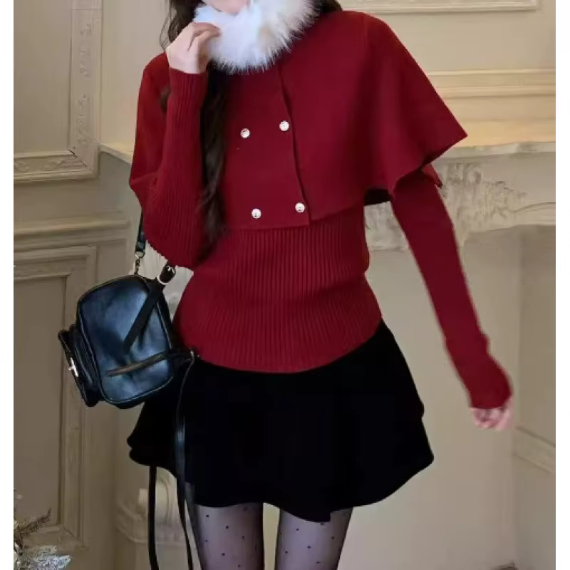 Pull rouge col en fourrure pour femme, cape d'hiver, châle, manches longues, bas tricoté, ensemble d
