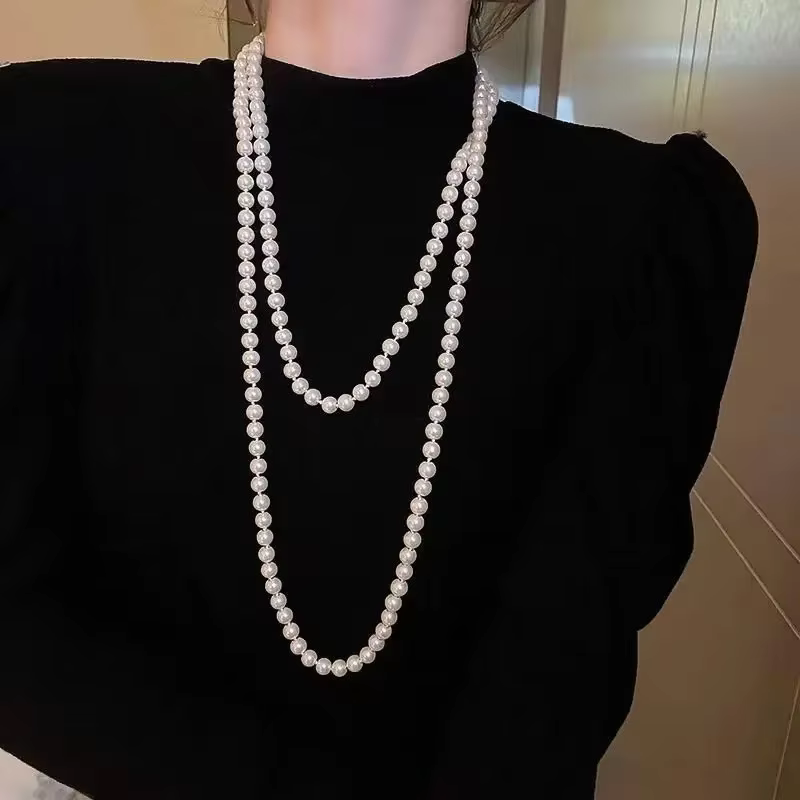 Longue chaîne de pull en perles, Design rétro à la mode avec fleurs à cinq pétales, bijoux assortis 