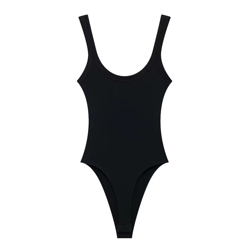 Body côtelé sexy à col en U, décolleté bas, taille haute et coupe ajustée. Bretelles au dos et ferme