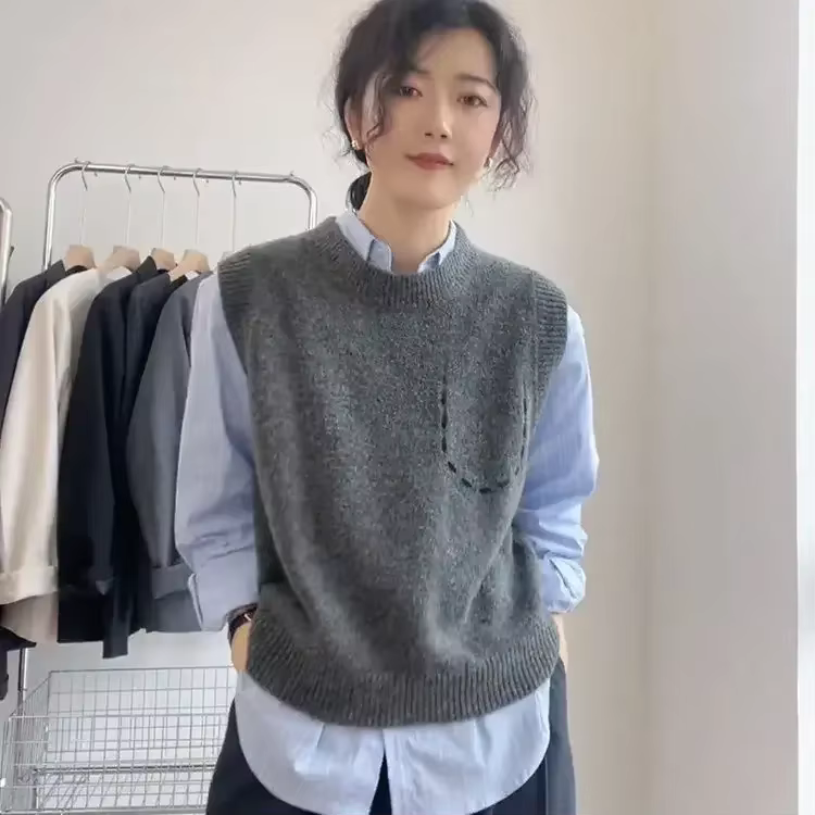 Solide col rond femmes tricoté gilet pull Style coréen vêtements tendance 2025 gilet pull porter pou