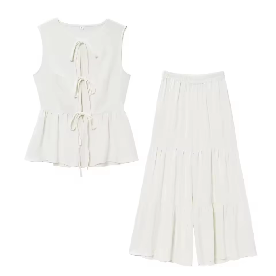 Ensemble 2 pièces blanc pour femme : débardeur sans manches à nouer sur le devant avec nœud et panta