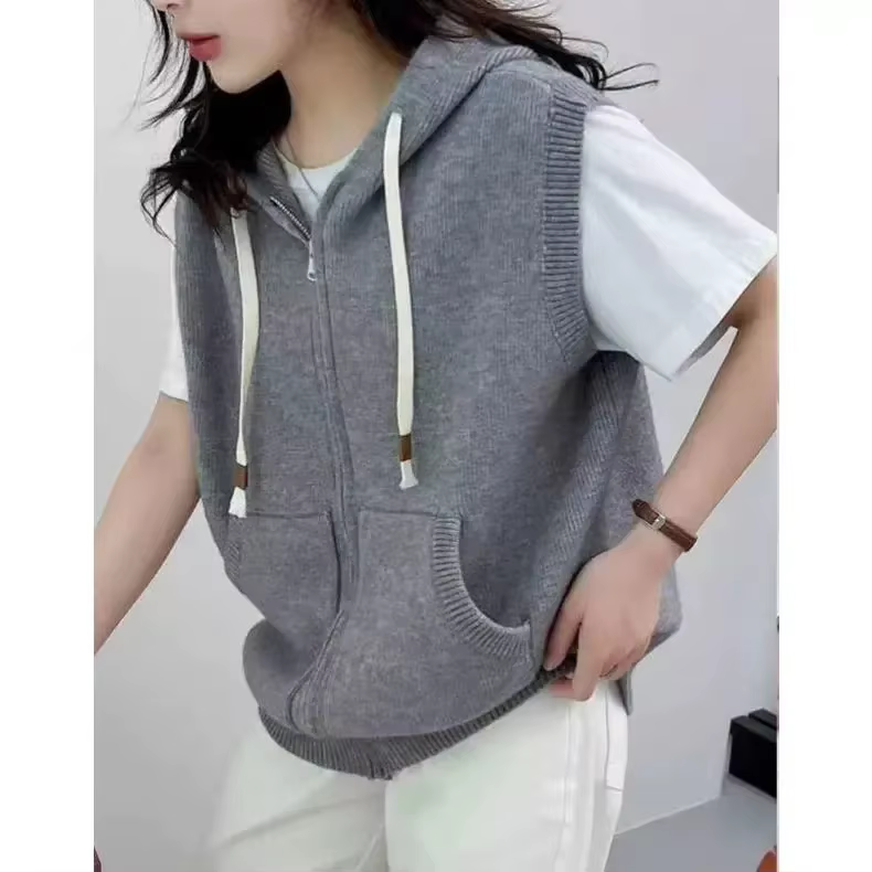 Pull sans manches pour femmes, Cardigan ample, veste, fermeture éclair, gilet à capuche, nouvelle co