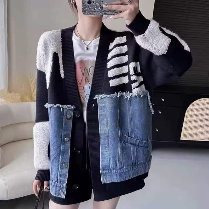 Printemps et automne nouveau Design de Niche française col en V pull ample mode polyvalent Denim épi