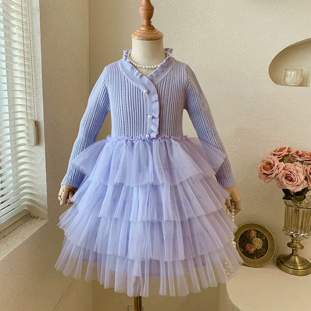 Robe tutu à manches longues pour bébé fille, pull de princesse, vêtements pour enfant, bouton de per