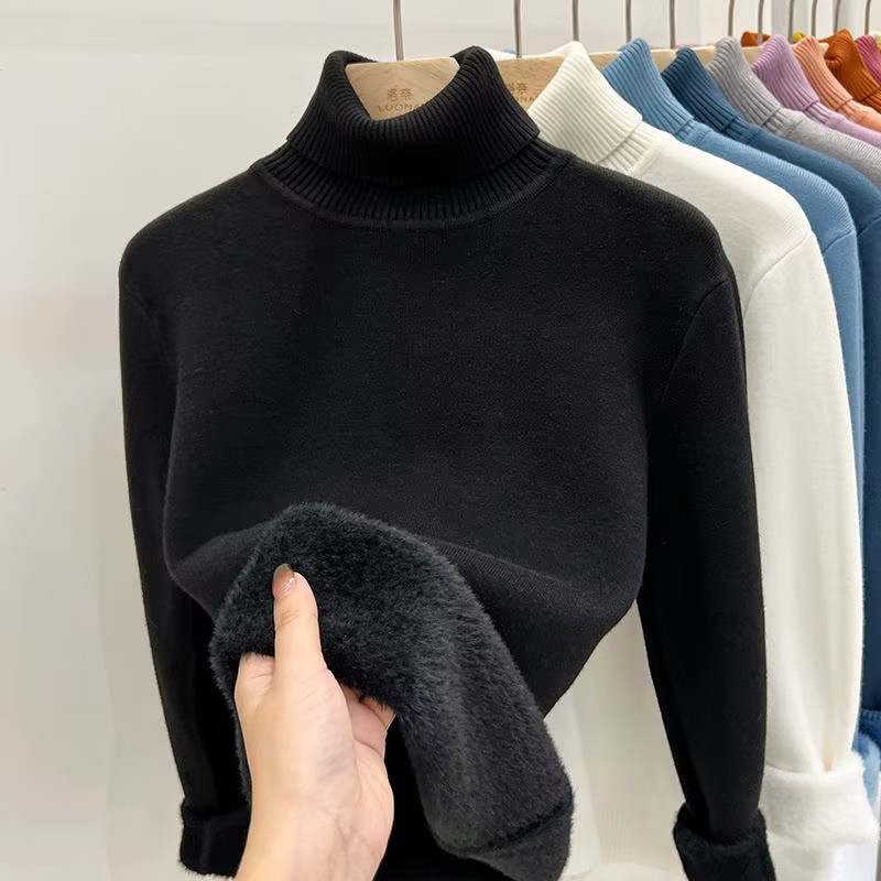 2024 col roulé hiver pull femmes élégant épaissir velours doublé chaud Sueter tricoté pull mince hau
