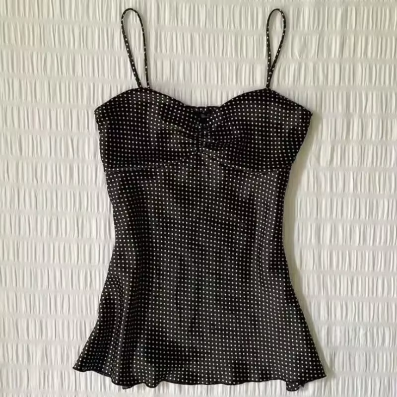 Camisole vintage à pois français pour femmes, été, plis, sans manches, Y2k, crop top, halter, hauts 