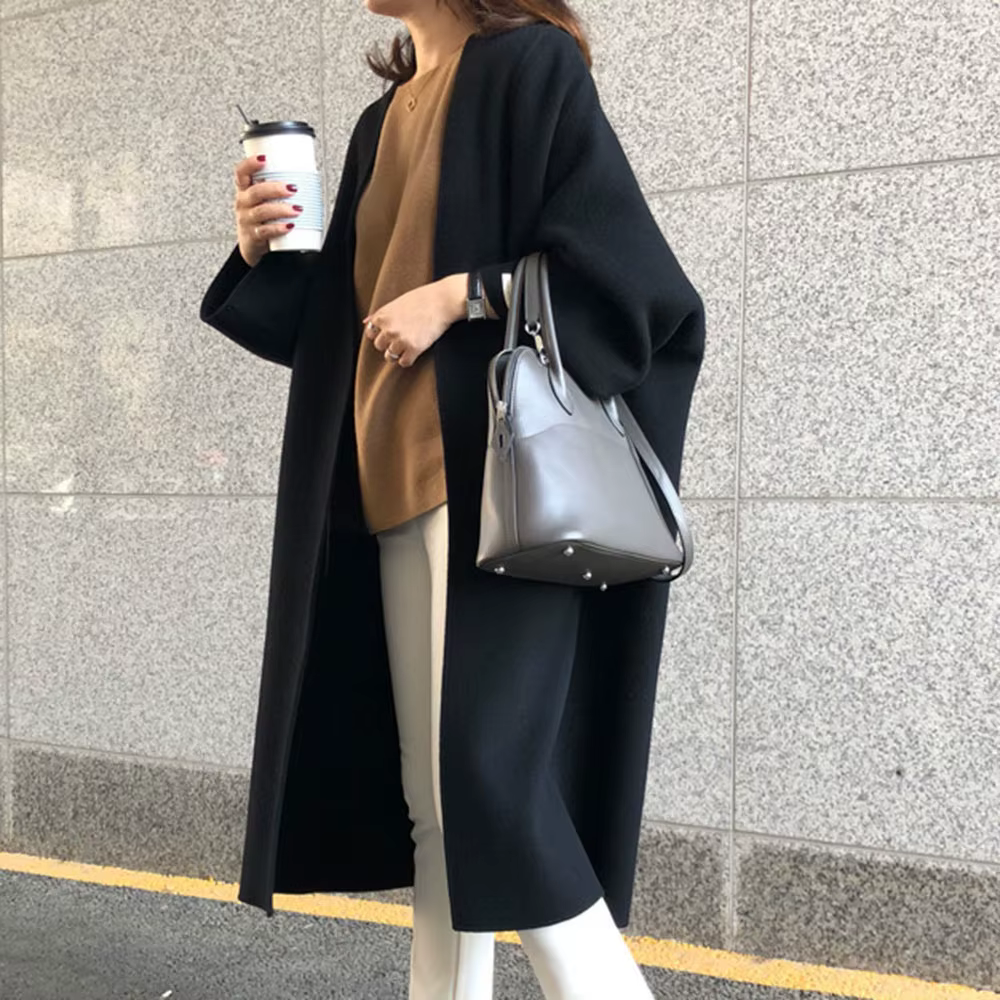 Femmes Cardigan mélanges col rond longs manteaux décontracté droit laine manteau coupe ample manches