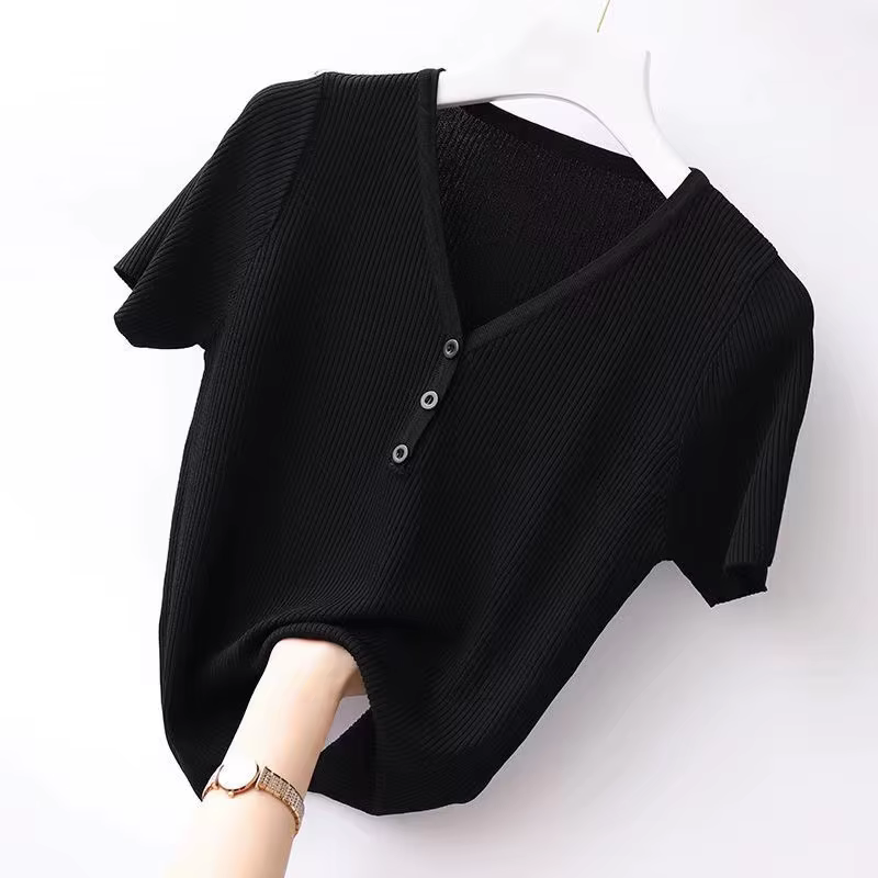 2025 nouveau coréen été col en v pull femmes pull décontracté Chic confortable mince mode à manches