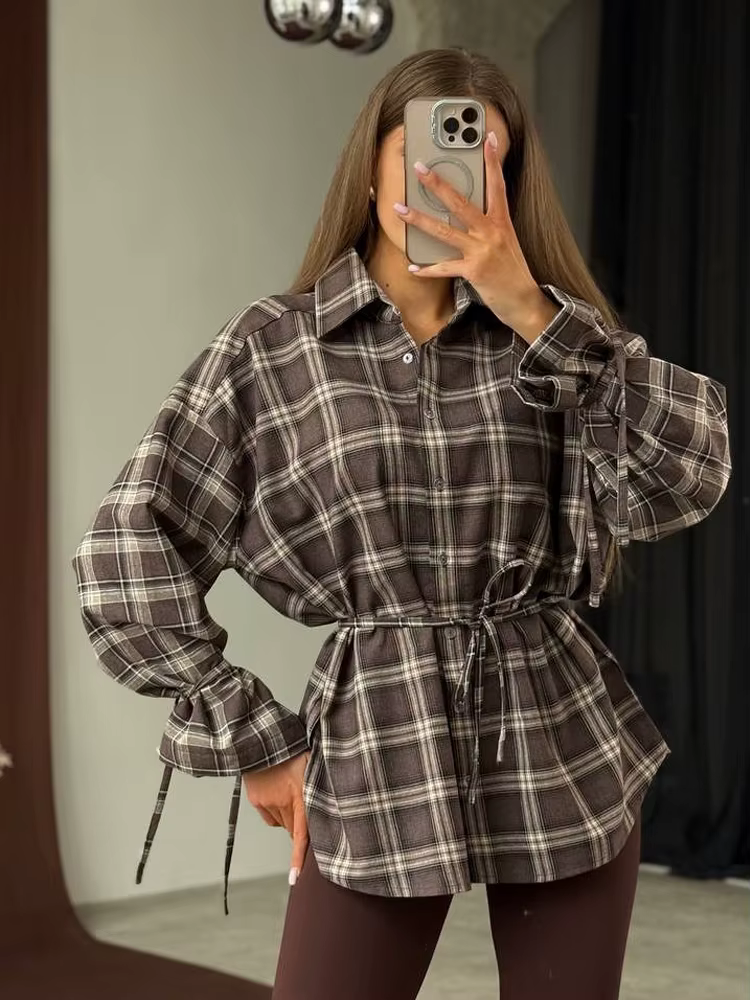 Chemisier ample à carreaux pour femme, manches longues, avec cordon de serrage, simple boutonnage, s