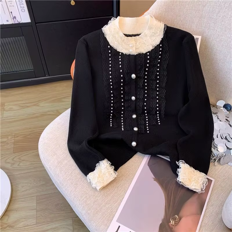 Cardigan en dentelle épissée à simple boutonnage, pulls chics tout assortis, perle d'ongle, ogo, nou