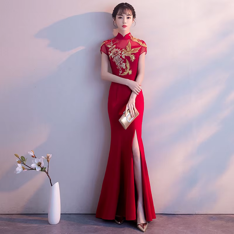 Burgundy Mandarin Collar Women Satin Mermaid Dress Slim Elegant Cheongsam Vintage Button Elegant Pri