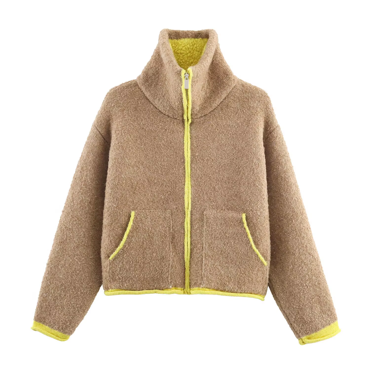 Veste courte en tricot à col haut et manches longues pour femme HH 2026, avec poches zippées, style
