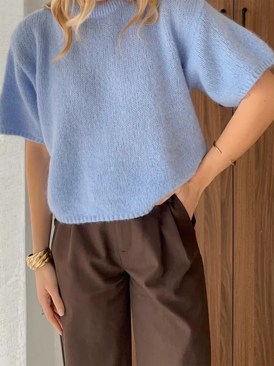 Femmes printemps automne tricot chandails demi manches col rond couleur unie tricots de style décont