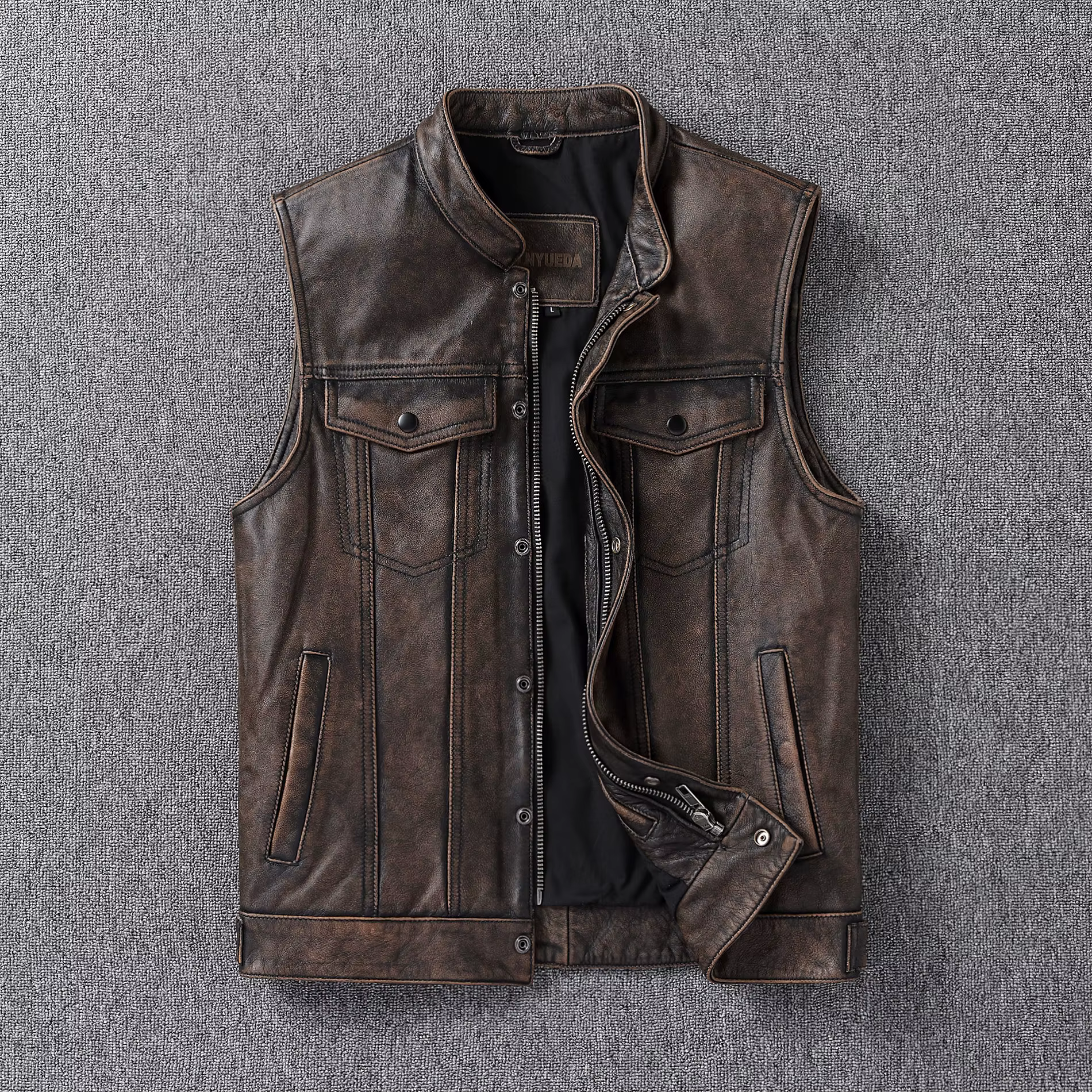 Gilet de motard vintage en cuir de vachette première couche vieilli pour homme – Veste de moto en cu