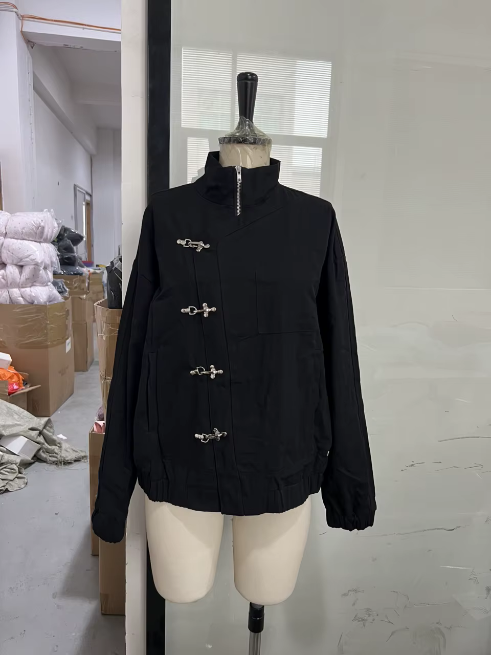 Veste Vintage en cuir Pu pour femmes, couleur unie, manches longues, col montant, manteau à fermetur