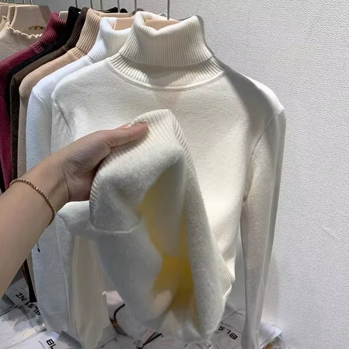 Pull chaud épais doublé de polaire pour femme, polo à filetage/col roulé, intérieur à manches longue