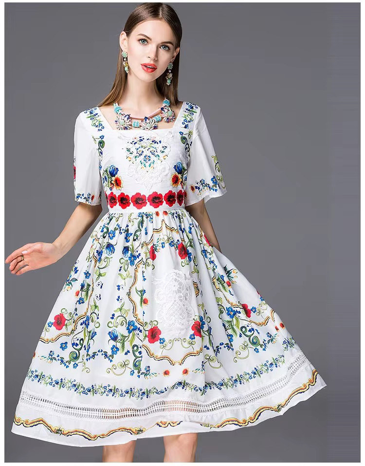 Robes de piste élégantes pour femmes, encolure carrée, manches courtes, imprimé Floral, broderie, Hi
