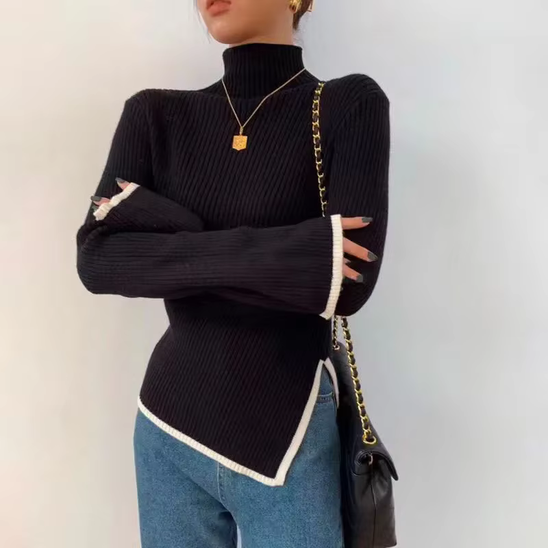 Lucyever – pull et pull à col roulé pour femme, tricoté avec fente latérale, manches longues évasées