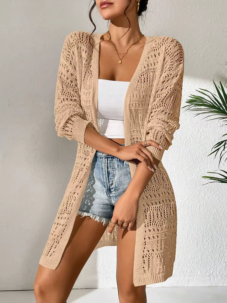 Cardigan long en tricot pour femme, coupe ample et oversize, gris clair, décontracté, mode printemps