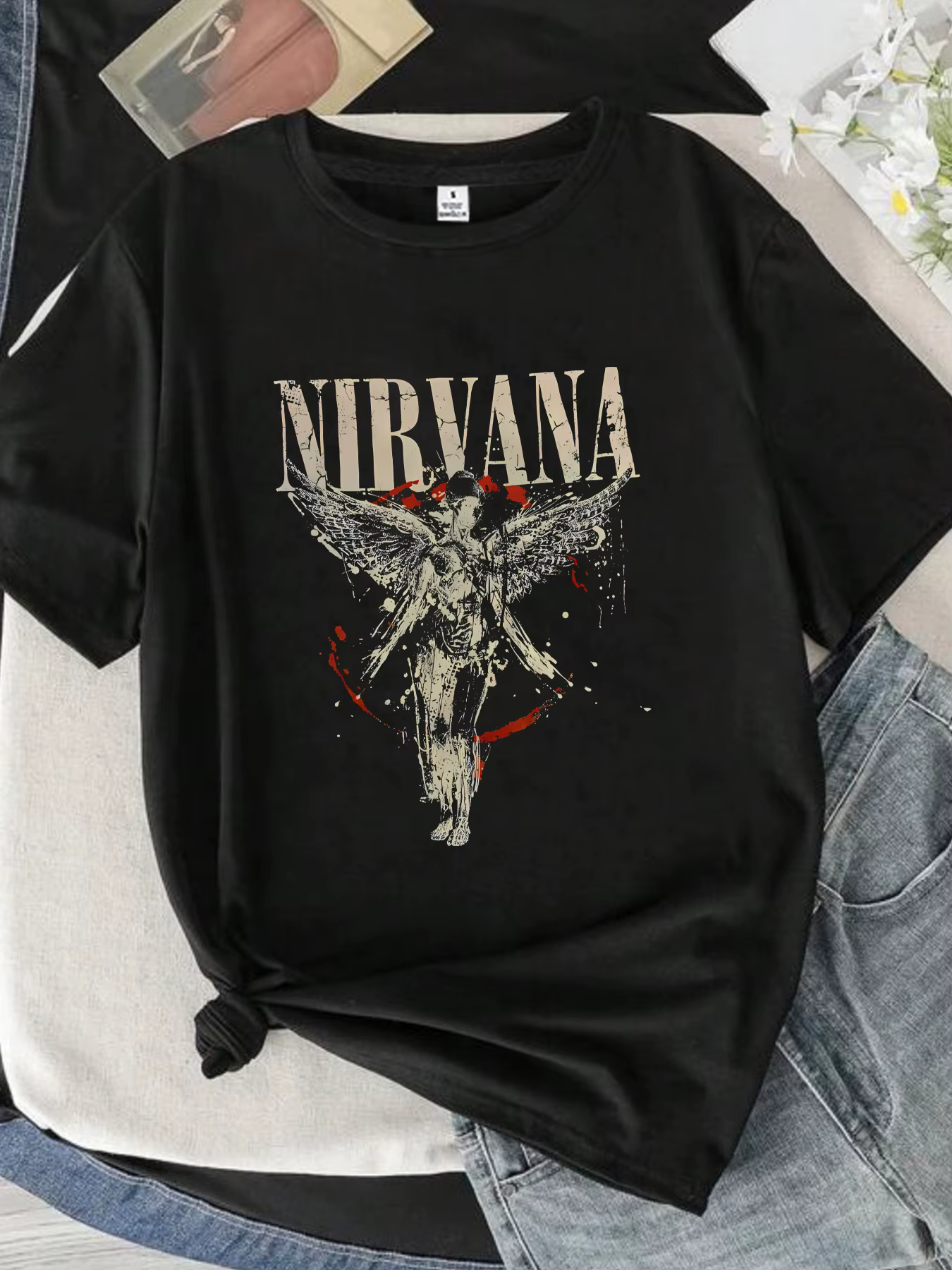 【0933】 Lettres et anges T-shirt col rond femme manches courtes mode imprimé demi-manches haut élasti