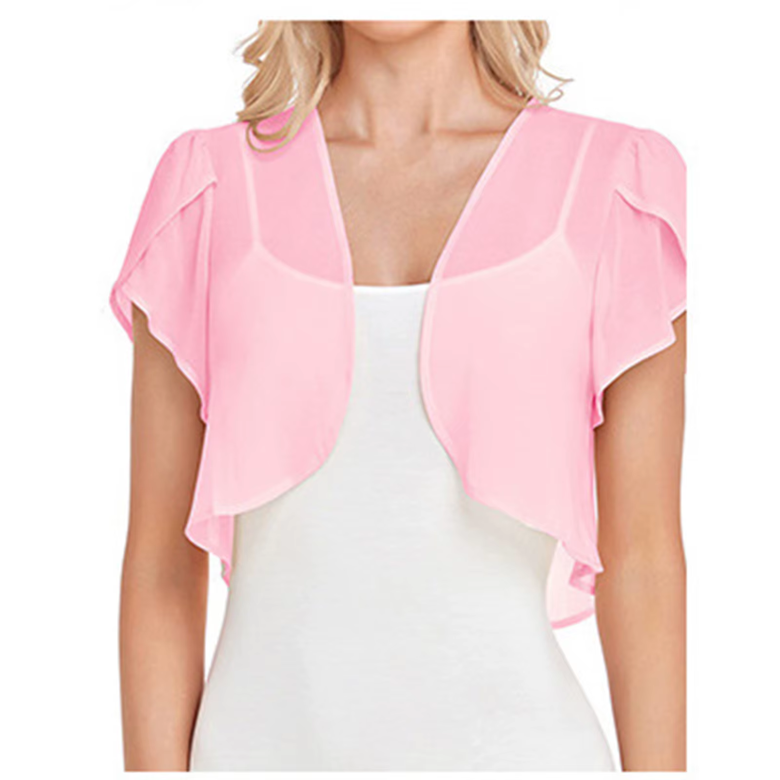 Boléro en mousseline rose pour femme, cardigan élégant à manches courtes et ouvert sur le devant pou