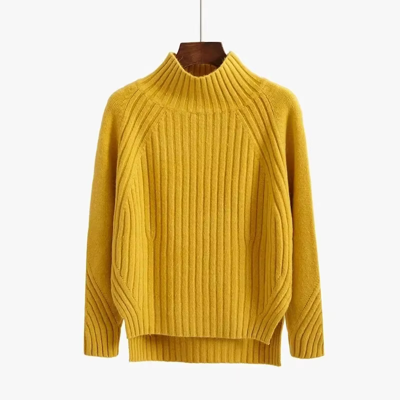 Pull à col roulé pour femme, pull en tricot élastique, pull décontracté pour femme, monochrome, noir