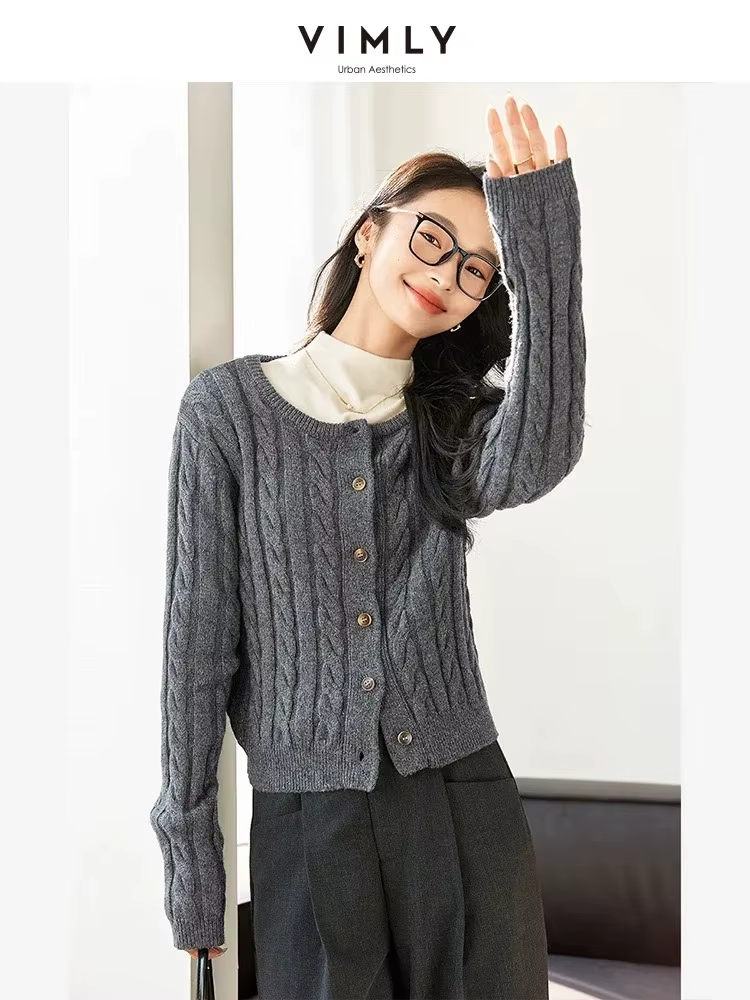 Cardigan en tricot décontracté VIMLY pour femme, col rond torsadé, élégant, boutonné, automne 2026,