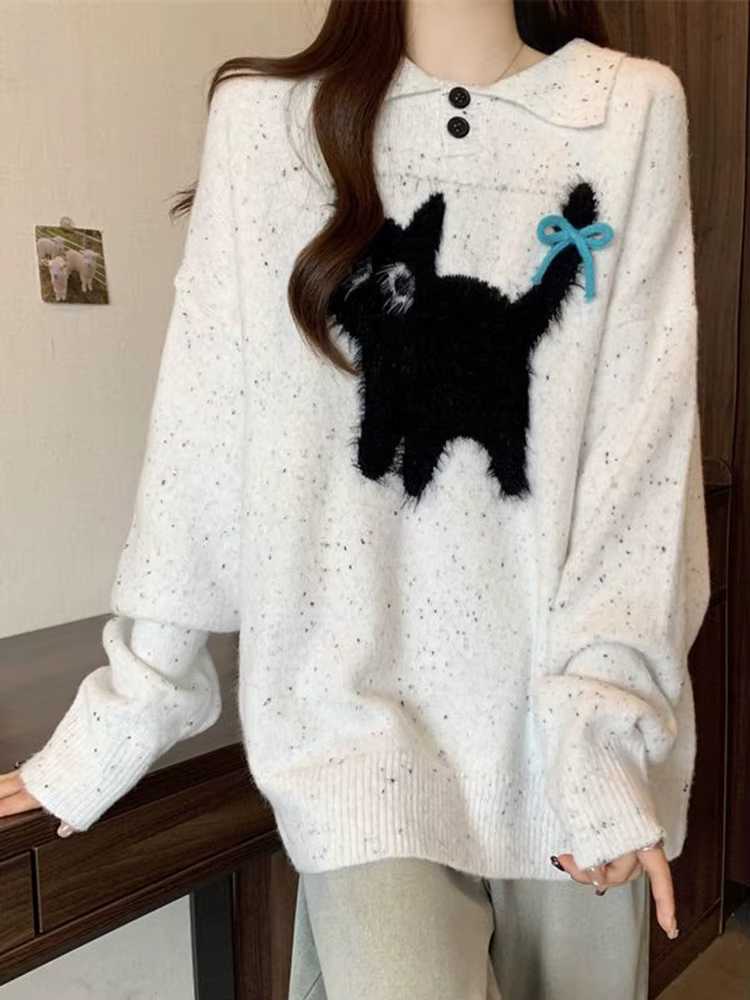 Pull à manches longues pour femmes, mignon, avec nœud de dessin animé, ample, Vintage, Kawaii, trico