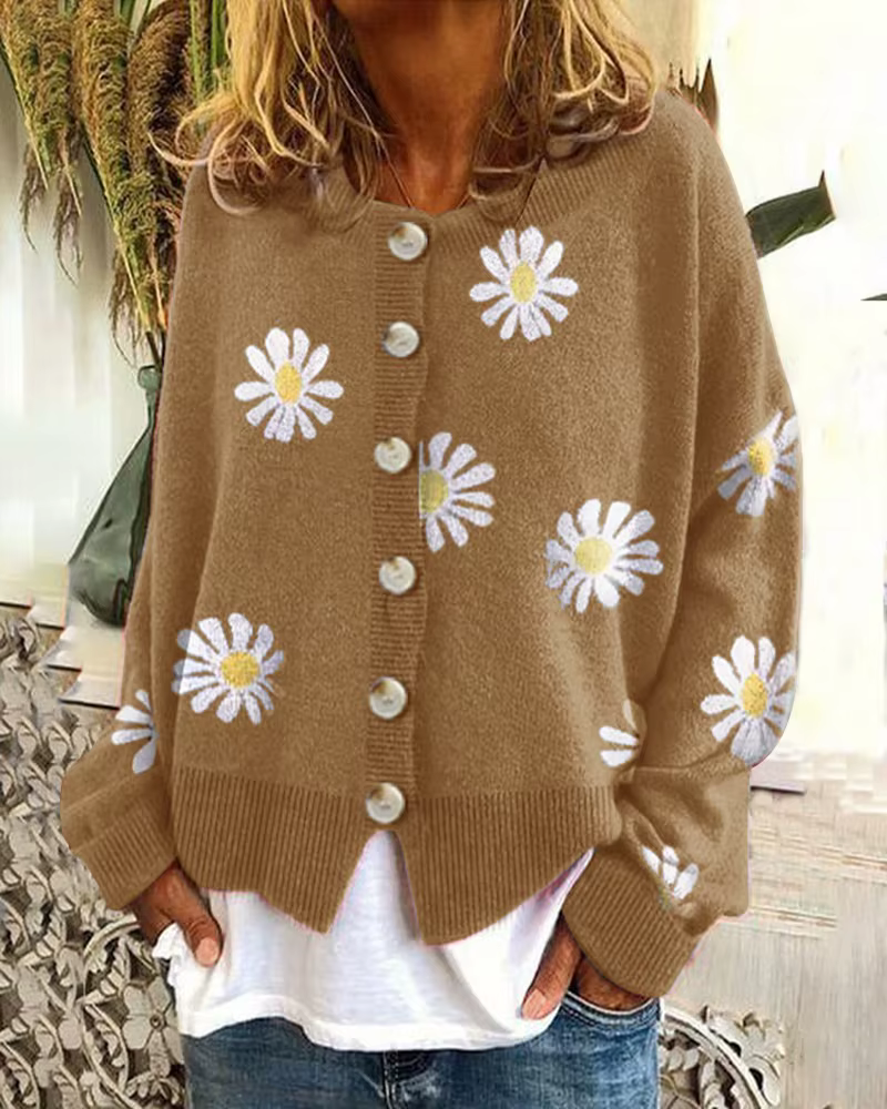 Femmes Cardigan pull tricoté col rond femme automne chrysanthème tricot chandails mode pull hauts T-