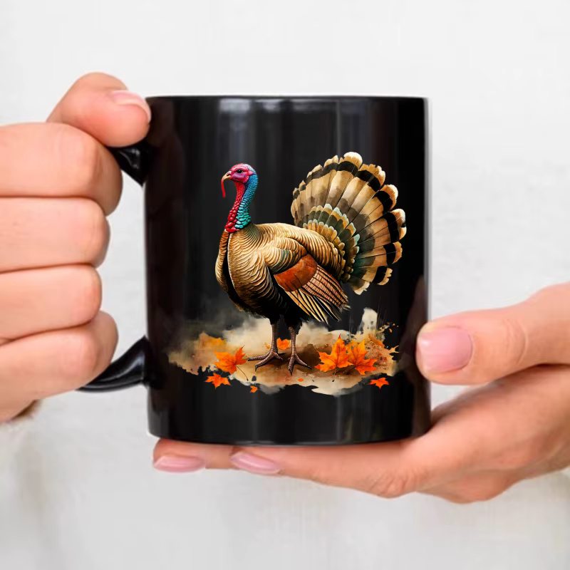 Tasse à café turque, design de dinde noire et de feuilles d'automne, parfaite pour le Thanksgiving e