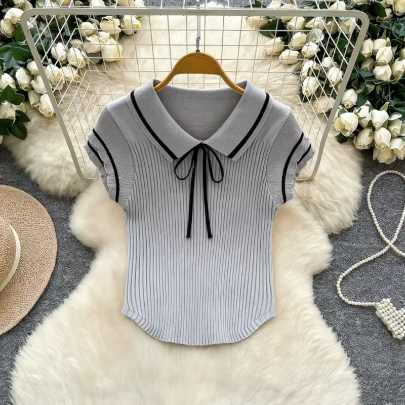 Nouveauté 2026 – Pulls d'été pour femme à col rabattu, double couche, manches volantées, tricotés, a