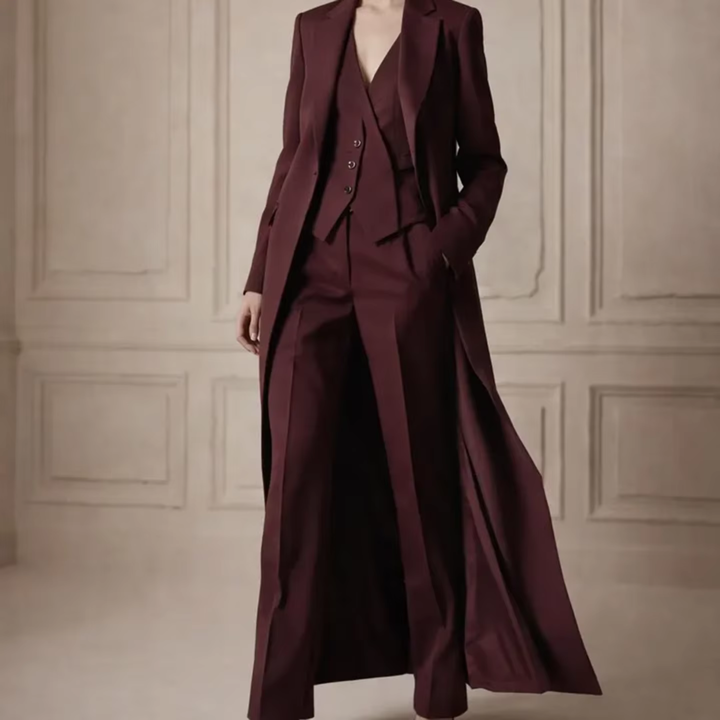 Costume Femme Rouge Vin Moderne, Blazer Long Slim Fit à Revers Cranté, Idéal Mariage, Banquet, Hôtes