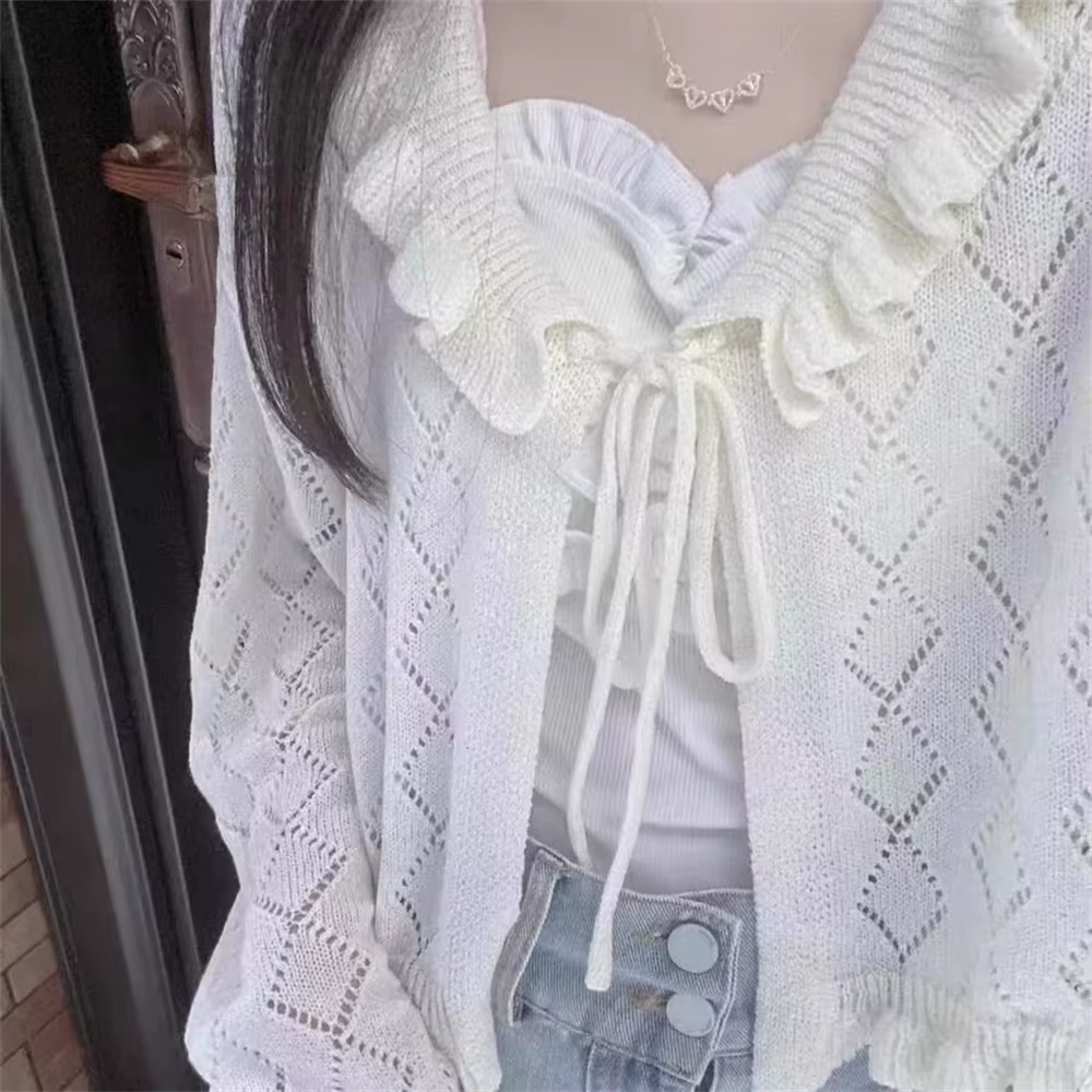 Cardigans blancs pour femmes, ajouré, mode, ample, décontracté, volants, tout-assorti, résistant au 