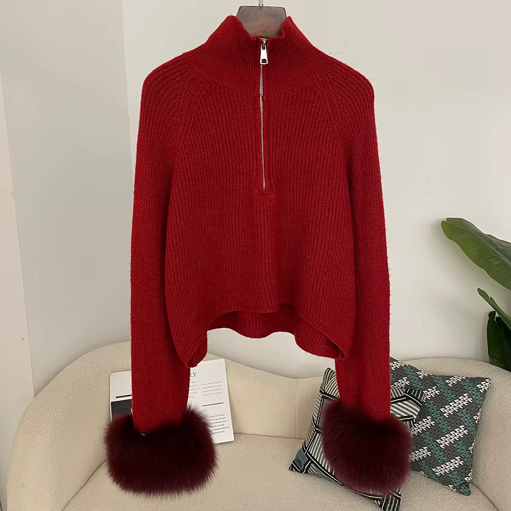 DEBAIFUR 2025 nouveau hiver doux pull fourrure de renard manchette dame mode Cardigan comprend laine