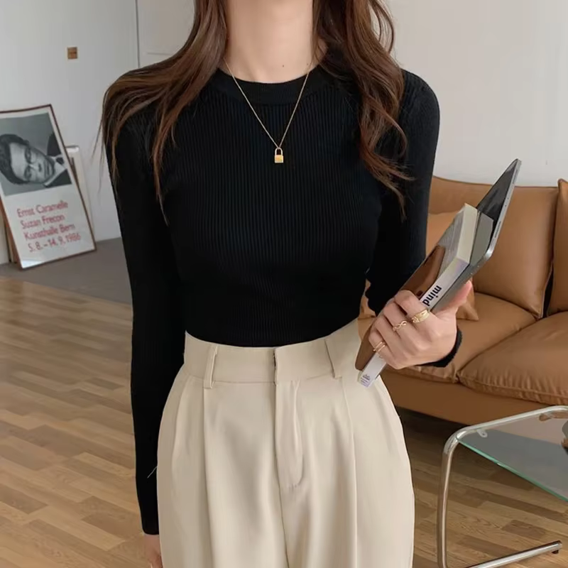 Lucyever-Pull à manches longues et col rond pour femme, coupe couvertes, basique, couleur unie, coll