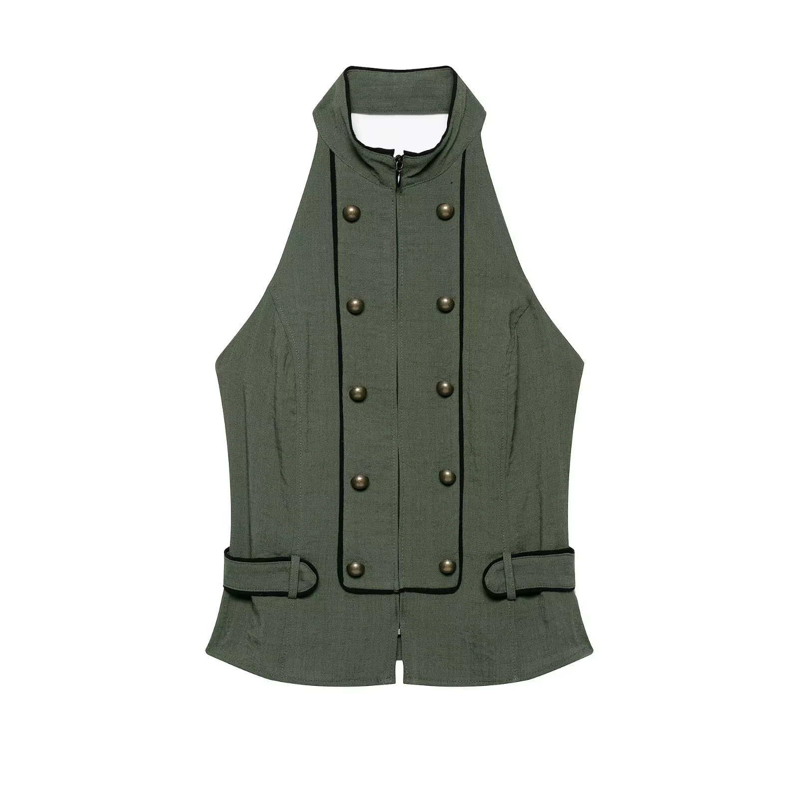 HH Gilet Militaire Bohème Romantique Olive pour Femme, Col Montant Halter, Boutons Bronze, Sans Manc
