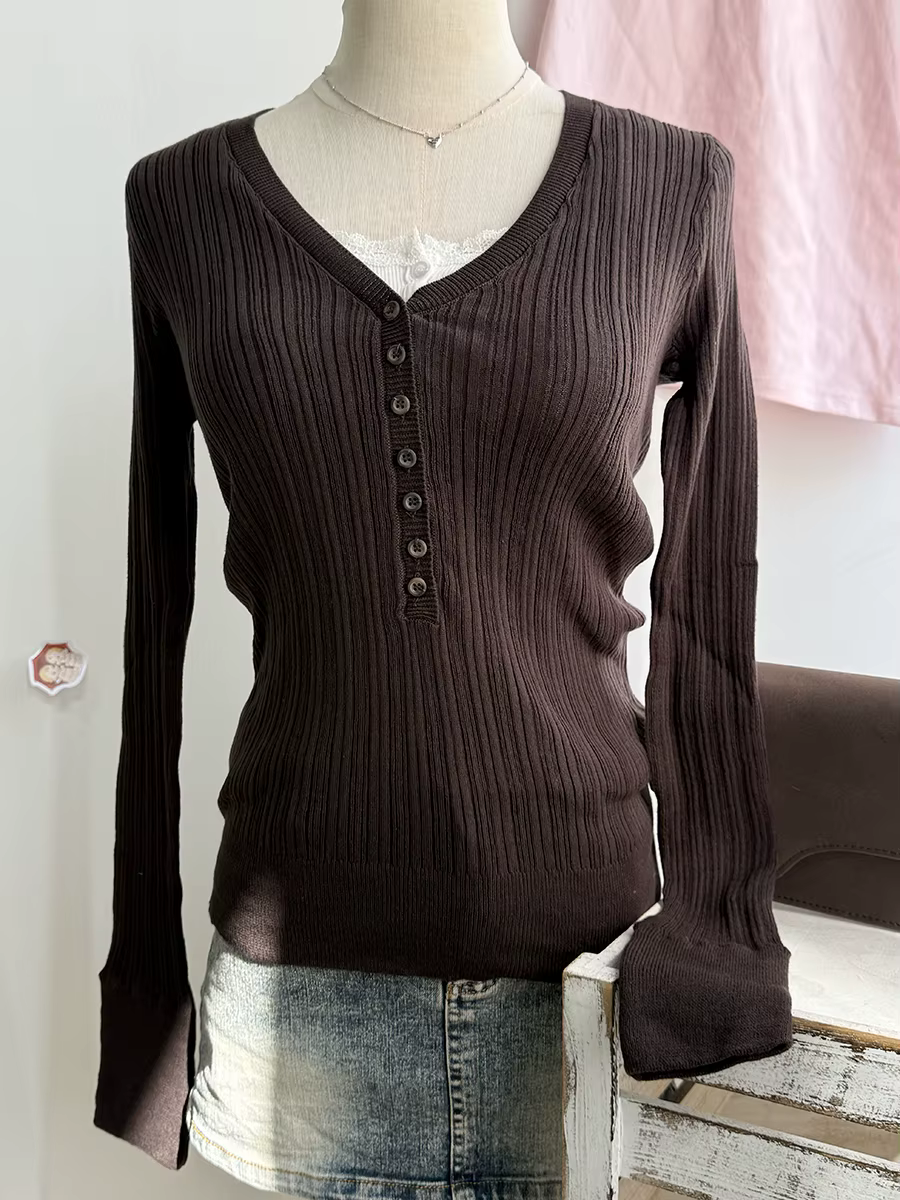 T-shirts en tricot à col en V avec boutons pour femmes, style décontracté printemps, streetwear, cot