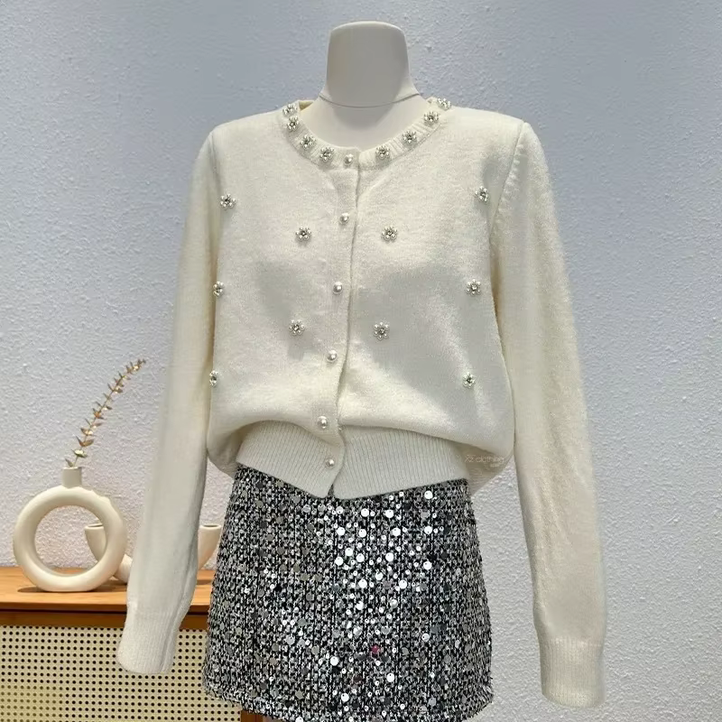 Pull élégant à perles pour femmes, couleur unie, doux, haut en tricot, Cardigan doux, printemps auto