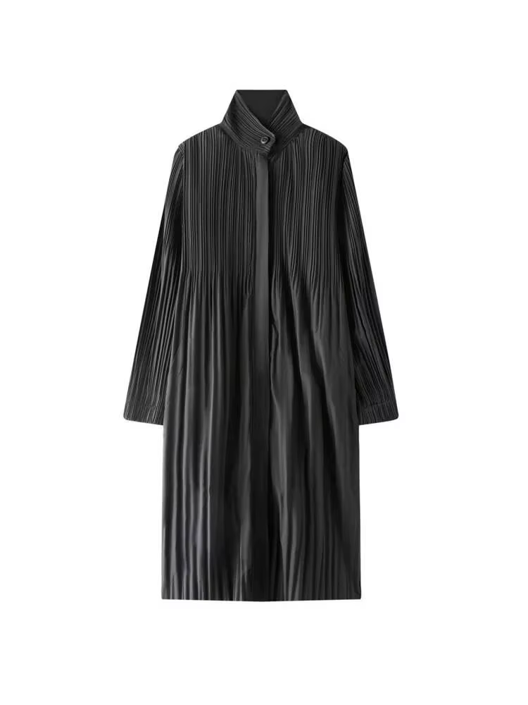 Manteau long plissé noir à col montant, léger et infroissable, pour femme, idéal pour le quotidien,