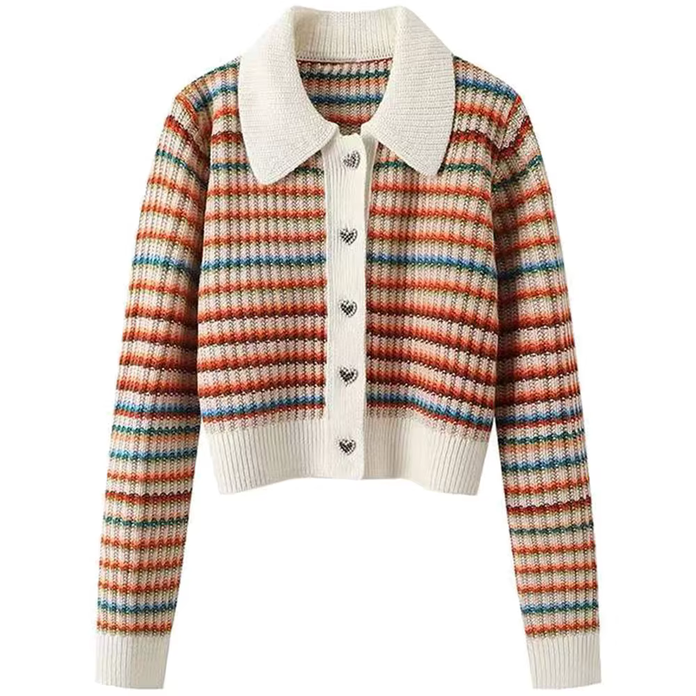 Cardigan court à rayures colorées pour femmes, pull à rayures vintage, col rabattu amincissant, haut