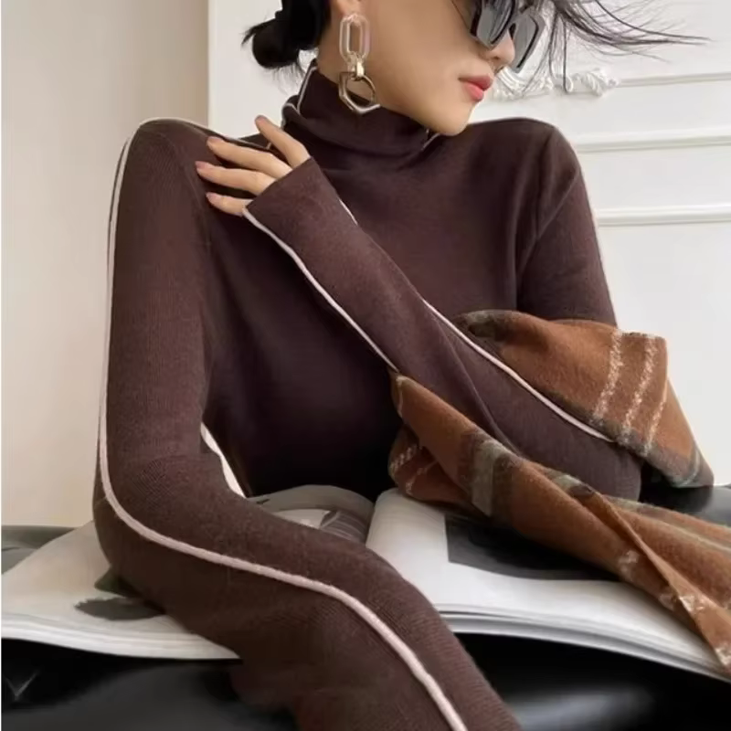 Pulls à col roulé pour femmes, coupe cintrée, haut à manches longues, élégant, pour le bureau, noir 