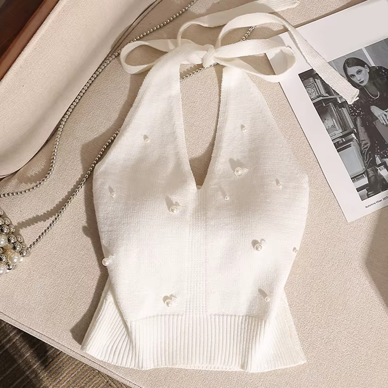 Mode française perlée licou cou cravate noeud dos nu tricoté gilet pour les femmes