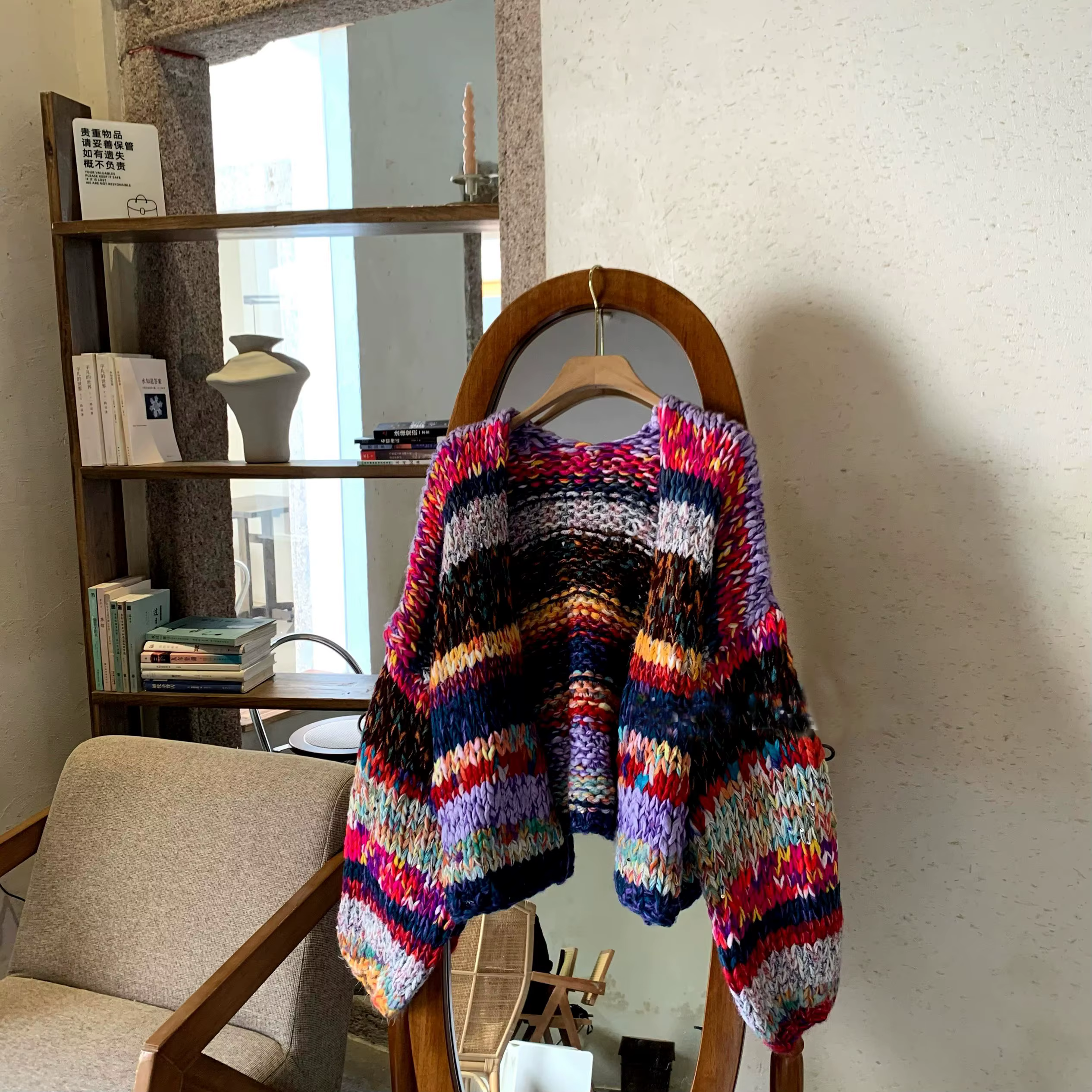 Cardigan multicolore en tricot épais fait à la main, pull surdimensionné coloré, tenue Boho Chic Cot