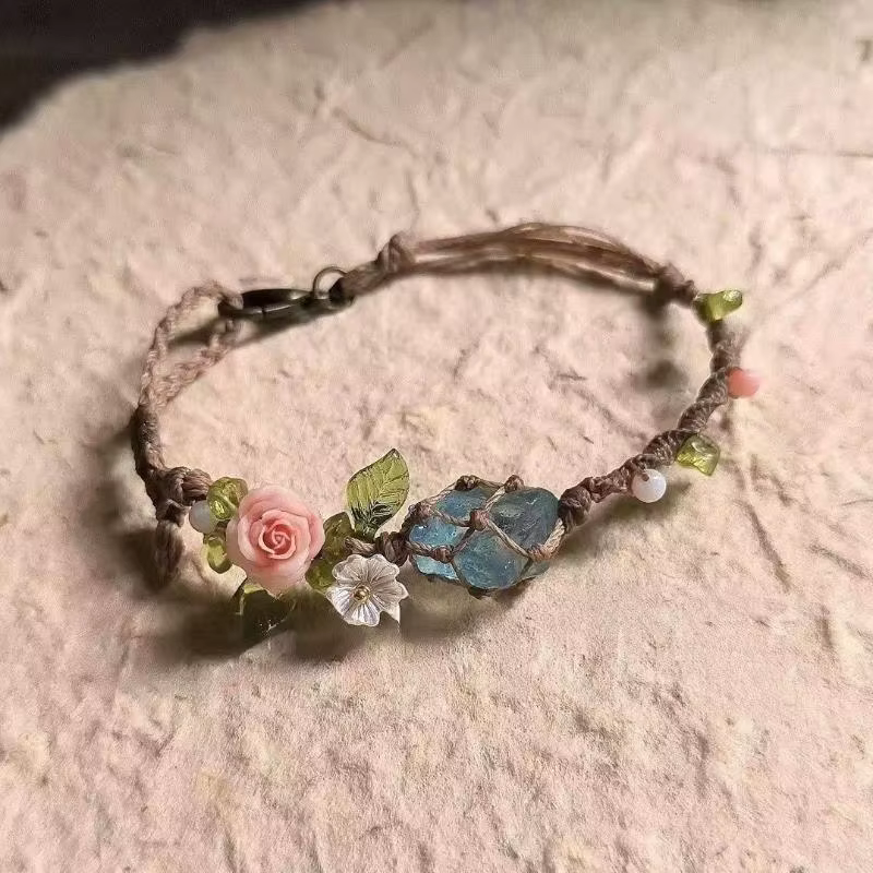 Bracelet ajustable fait main en perles d'aigue-marine, maille de cristal, bijou élégant pour le yoga